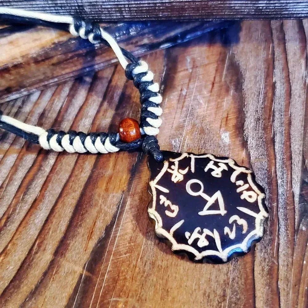 Hand Crafted Tribal Buffalo Bone Sanskrit Symbols Necklace from India